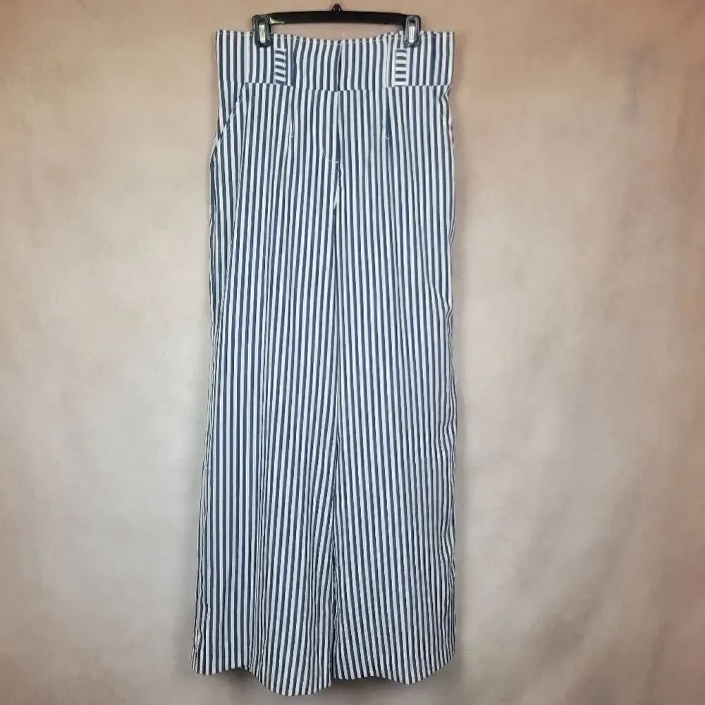 7th Avenue Blue White Striped Wide Leg Highwaist Paperbag Pants Size 12